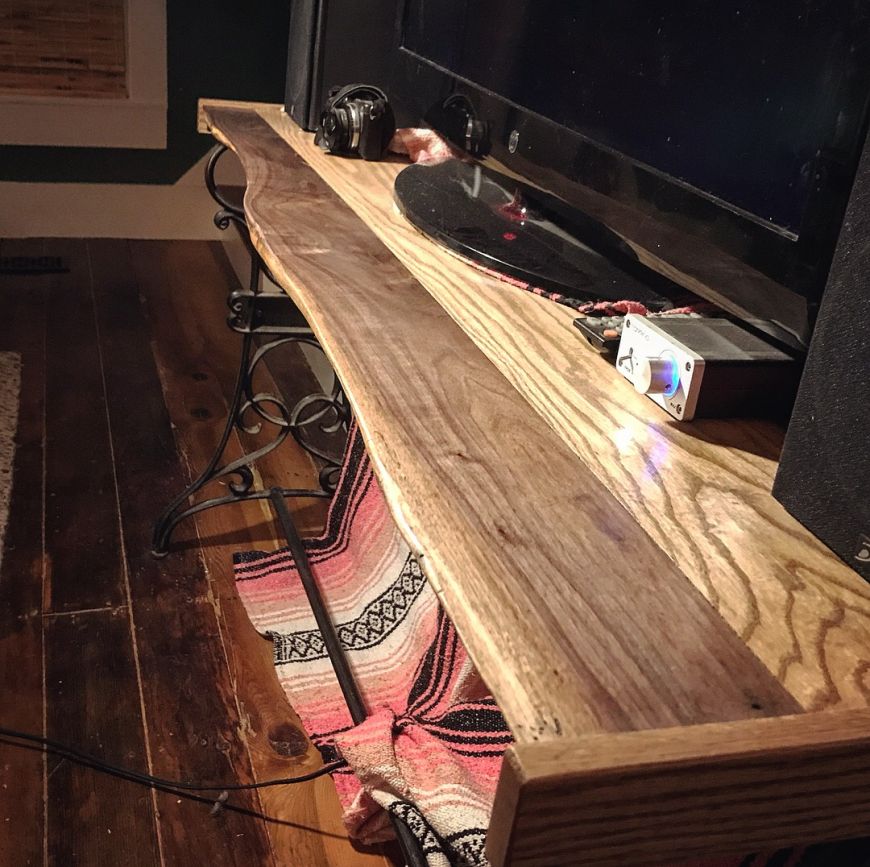 live edge walnut & oak console table with tv. homemade, diy, with cast iron legs from a sewing machine