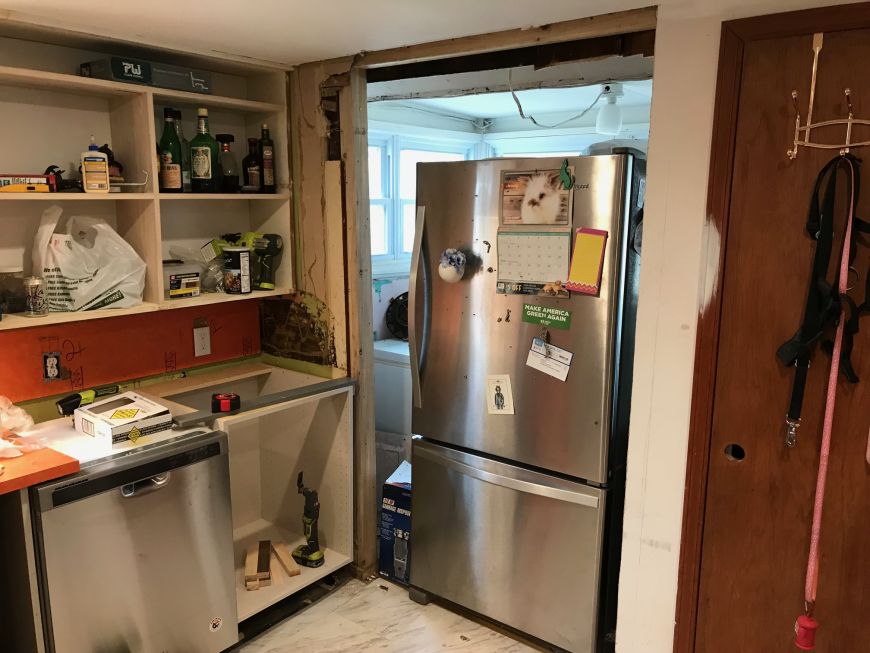 DIY kitchen remodel renovation fridge cubby refrigerator in wall custom