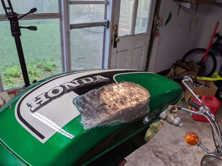 removing large dent in motorcycle gas tank